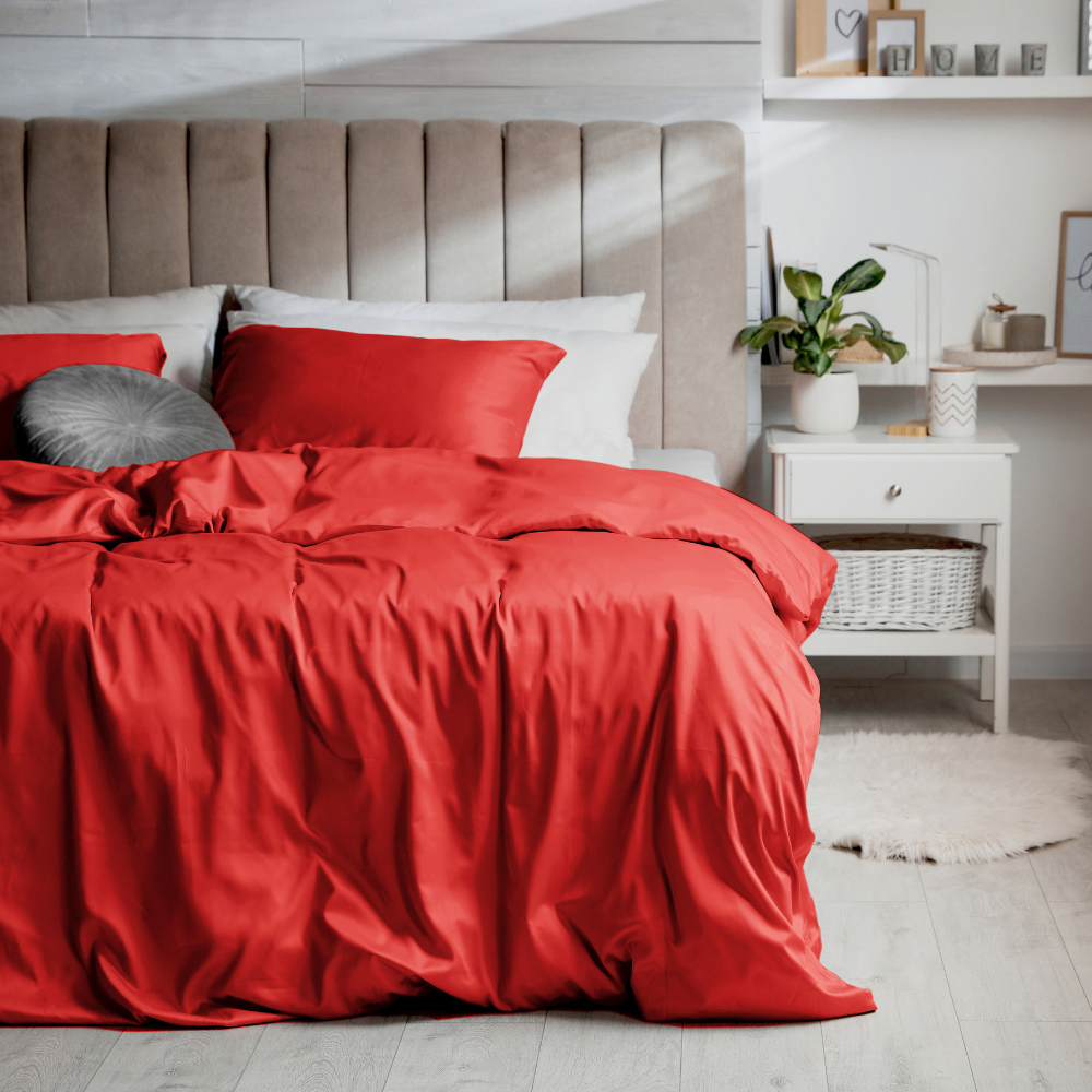 Bettbezug aus 100 % rotem Baumwollsatin mit Kissenbezügen