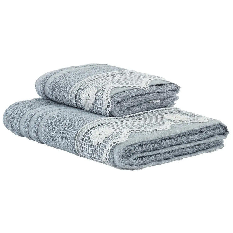 Pair of Guest and Terry Towel with Bavarian filet macramé insert Made in Italy Grey