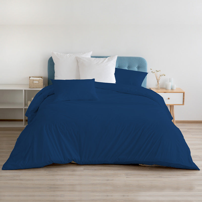 Duvet cover with pillowcases in 100% Navy Blue Cotton
