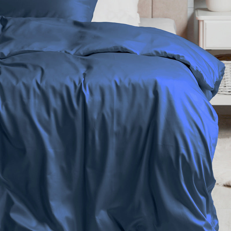 Navy blue cotton satin duvet cover with pillowcases