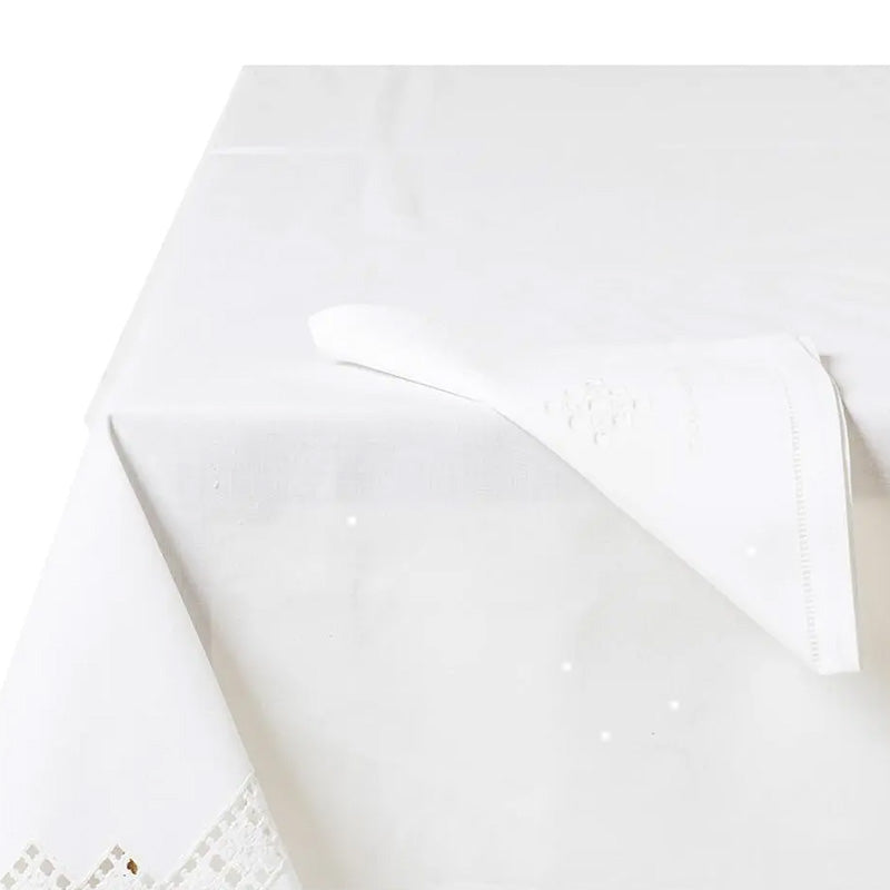 Tischdecke + 12 handbestickte Servietten aus reiner Baumwolle, hergestellt in Italien, Queen-Variante, 175 x 260 cm