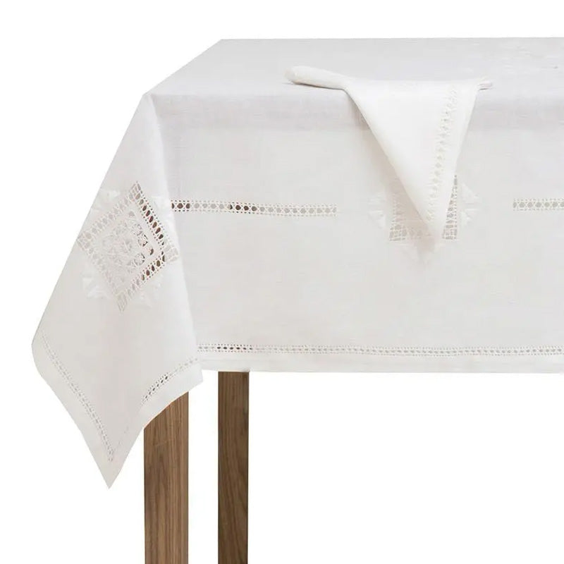 Tablecloth + 8 hand-embroidered napkins in Made in Italy Linen, Donatello variant