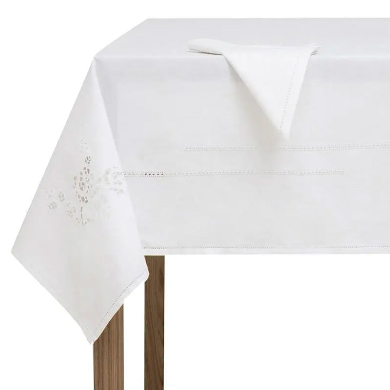 Tischdecke + 8 handbestickte Servietten aus reiner Baumwolle, hergestellt in Italien, Variante Les Roses