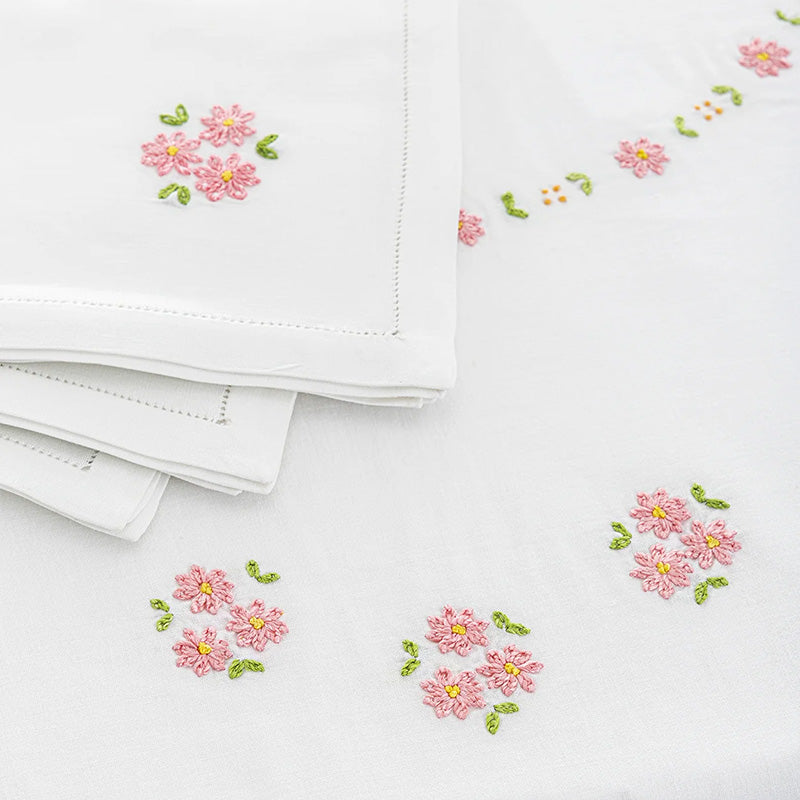 Tischdecke + 8 bestickte Servietten aus reiner Baumwolle, hergestellt in Italien, Joelle-Variante