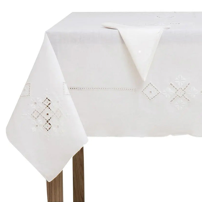 Tablecloth + 8 hand-embroidered napkins in linen blend Made in Italy, Punto Antico Italiano variant, 150x225 cm