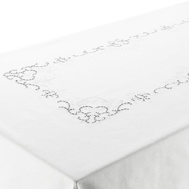 Tischdecke + 12 handbestickte Servietten aus reiner Baumwolle, hergestellt in Italien, Beatrice-Variante