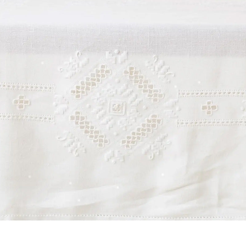 Mantel + 8 servilletas bordadas a mano en puro lino Variante Made in Italy Punto Antico Toscano