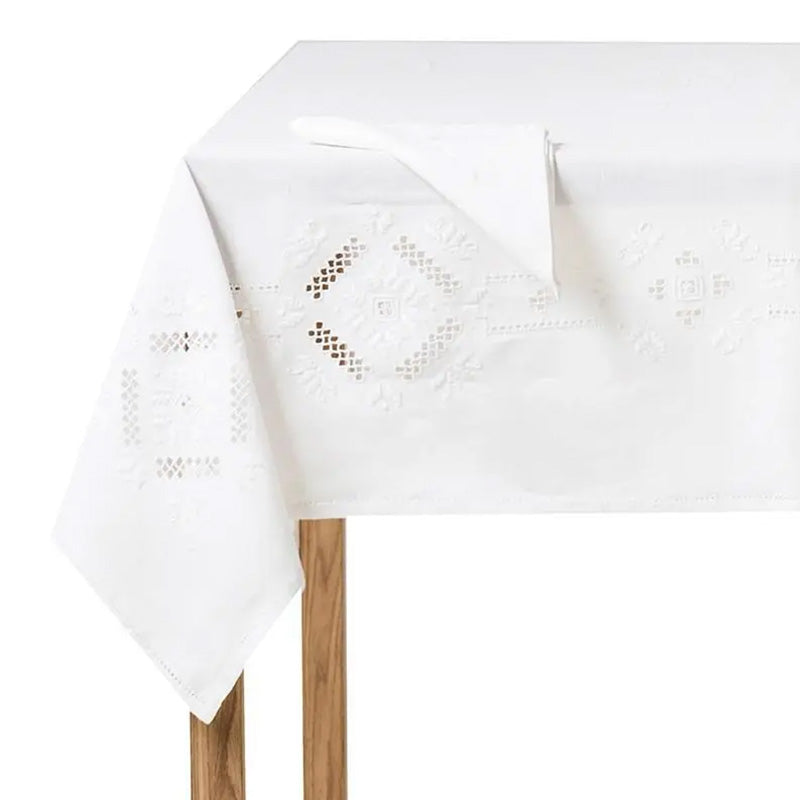 Tischdecke + 8 handbestickte Servietten aus reinem Leinen, hergestellt in Italien, Variante Punto Antico Toscano