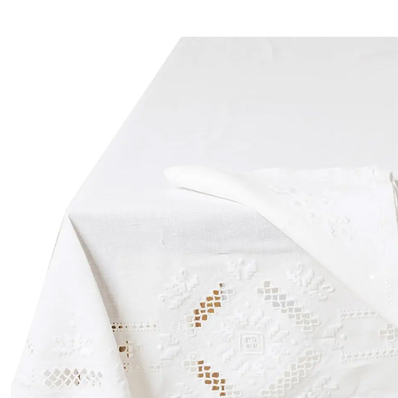 Mantel + 8 servilletas bordadas a mano en puro lino Variante Made in Italy Punto Antico Toscano